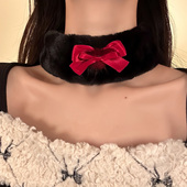 HEY TAO秋冬款 黑色蝴蝶结宽面毛绒choker系带项链女小众颈链配饰