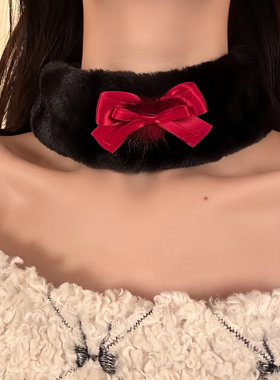 HEY TAO秋冬款黑色蝴蝶结宽面毛绒choker系带项链女小众颈链配饰