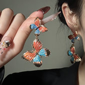 HEY TAO复古珐琅金色彩绘蝴蝶耳钉女小众独特气质耳环高级感耳饰