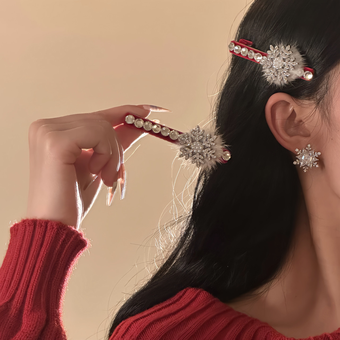 HEY TAO精致闪钻雪花发饰女红色丝绒小发夹温柔气质边夹发卡头饰