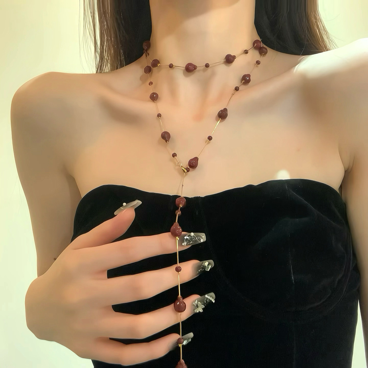 HEY TAO秋冬安可拉红珍珠项链女复古长款双层叠戴锁骨链配饰颈链