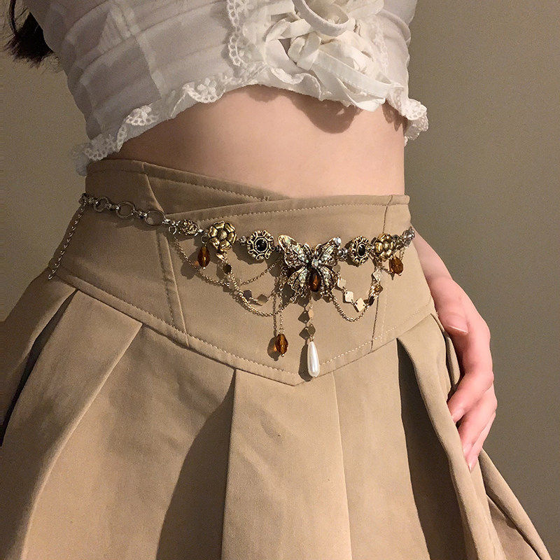 HEY TAO纯欲美拉德蝴蝶流苏腰链配饰女身体链小众辣妹气质金属链