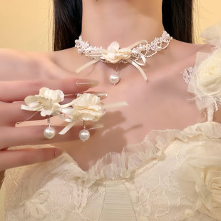 HEY TAO甜美花朵飘带蝴蝶结蕾丝choker珍珠项链复古优雅气质颈链