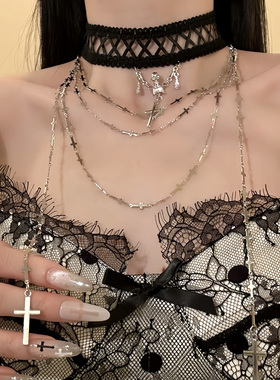 HEY TAO暗黑系辣妹蕾丝choker多层骷髅十字架叠戴项链配饰锁骨链