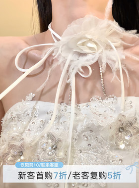 HEY TAO超仙白色羽毛花朵系带项链女优雅气质新娘婚纱配饰脖颈链