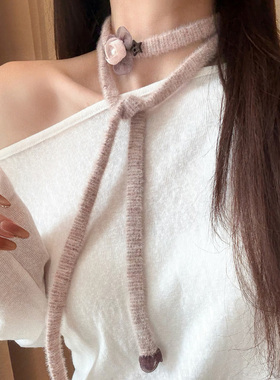 HEY TAO秋冬气质花朵长条毛绒项链女百搭长款围脖颈链配饰毛衣链