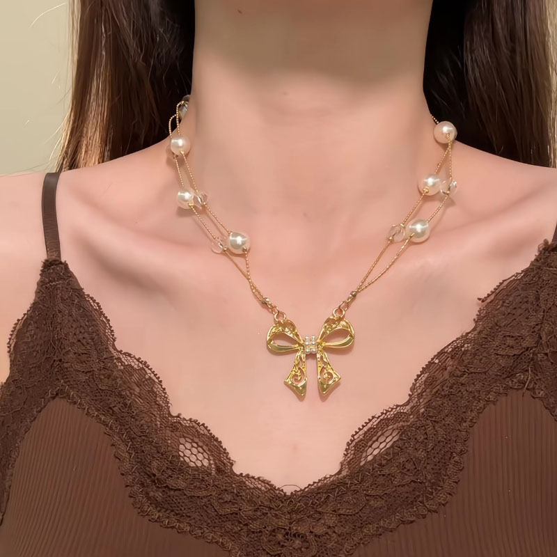HEY TAO复古金色珍珠蝴蝶结挂坠项链女小众设计高级感双层锁骨链