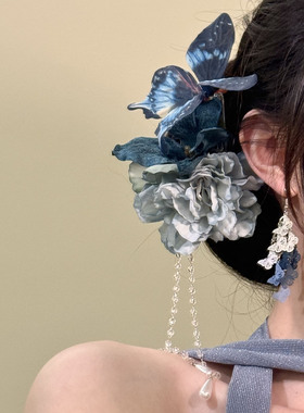 HEY TAO超仙蓝色花朵蝴蝶流苏香蕉夹发饰女抓夹百搭气质发抓头饰