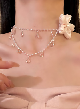 HEY TAO复古甜美粉色珍珠花朵项链女小众优雅气质颈链配饰锁骨链