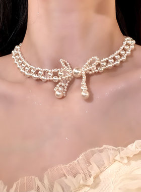 高定版！法式复古镂空蝴蝶结choker施家珍珠项链女气质颈链锁骨链