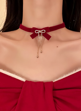 HEY TAO秋冬复古红色丝绒蝴蝶结choker项链女轻奢礼服配饰脖颈链