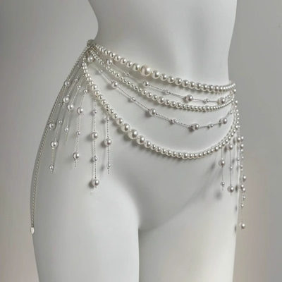 HEY TAO法式多层珍珠串珠流苏腰链女精致轻奢气质身体链腰带配饰