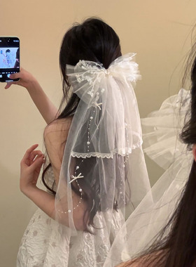 HEY TAO超仙氛围感白色蝴蝶结头纱发饰女生日拍照发夹新娘头饰品