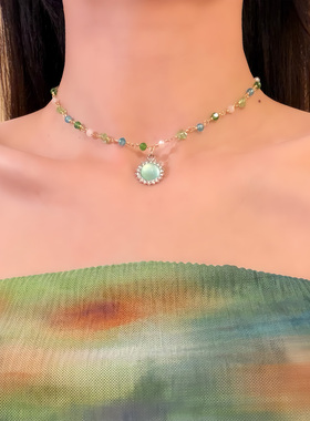 HEY TAO春季复古湖水绿宝石吊坠项链女小众高级感颈链配饰锁骨链