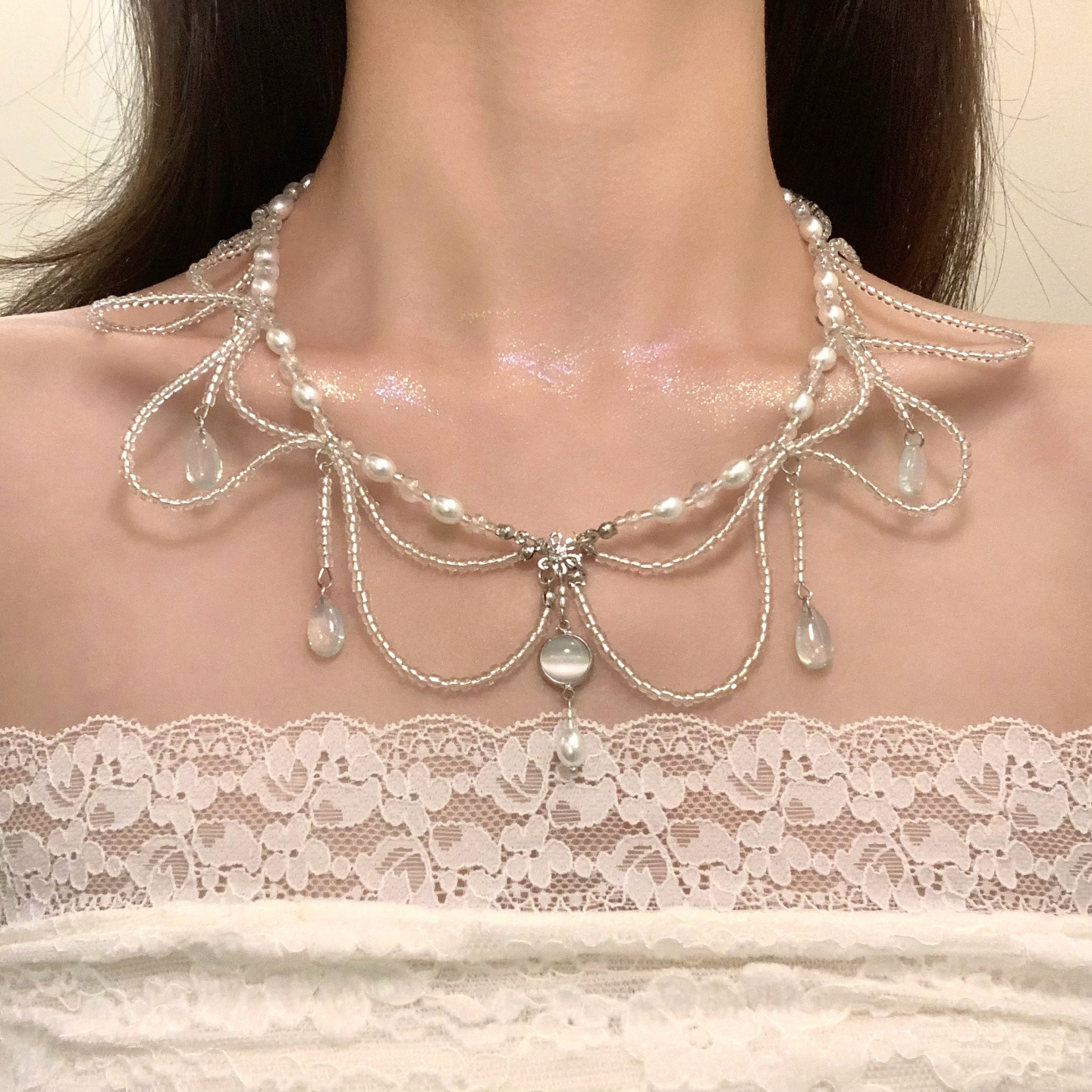 HEY TAO复古猫眼石串珠流苏choker项链小众高级感锁骨链颈链配饰