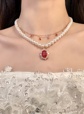 HEY TAO复古红色宝石吊坠珍珠项链女宫廷风气质颈链高级感锁骨链