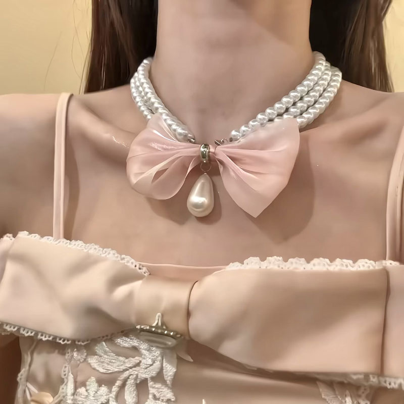 HEY TAO法式多层珍珠蝴蝶结choker项链女小众甜美气质锁骨链配饰