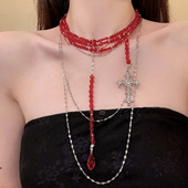 HEY TAO哥特风多层串珠十字架流苏项链女个性 叠戴颈链配饰锁骨链