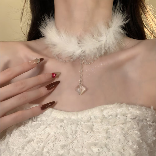 HEY TAO超仙白色纯欲毛绒choker项链秋冬圣诞节氛围感毛衣链颈链