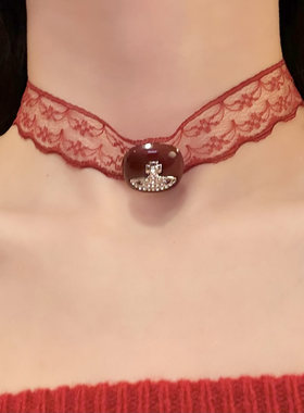 HEY TAO秋冬复古红色土星蕾丝choker颈链女小众纯欲项圈颈带配饰