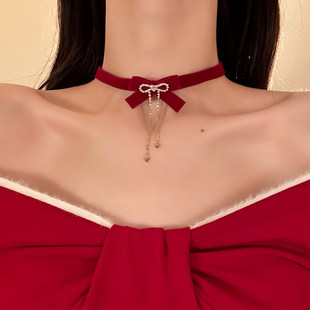 HEY TAO秋冬复古红色丝绒蝴蝶结choker项链女轻奢礼服配饰脖颈链