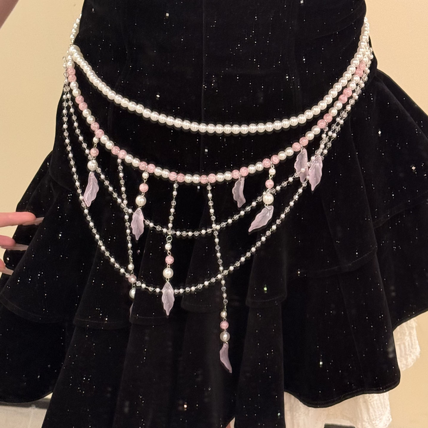 HEY TAO纯欲复古多层珍珠腰链裙子配饰女粉色花瓣流苏腰带身体链