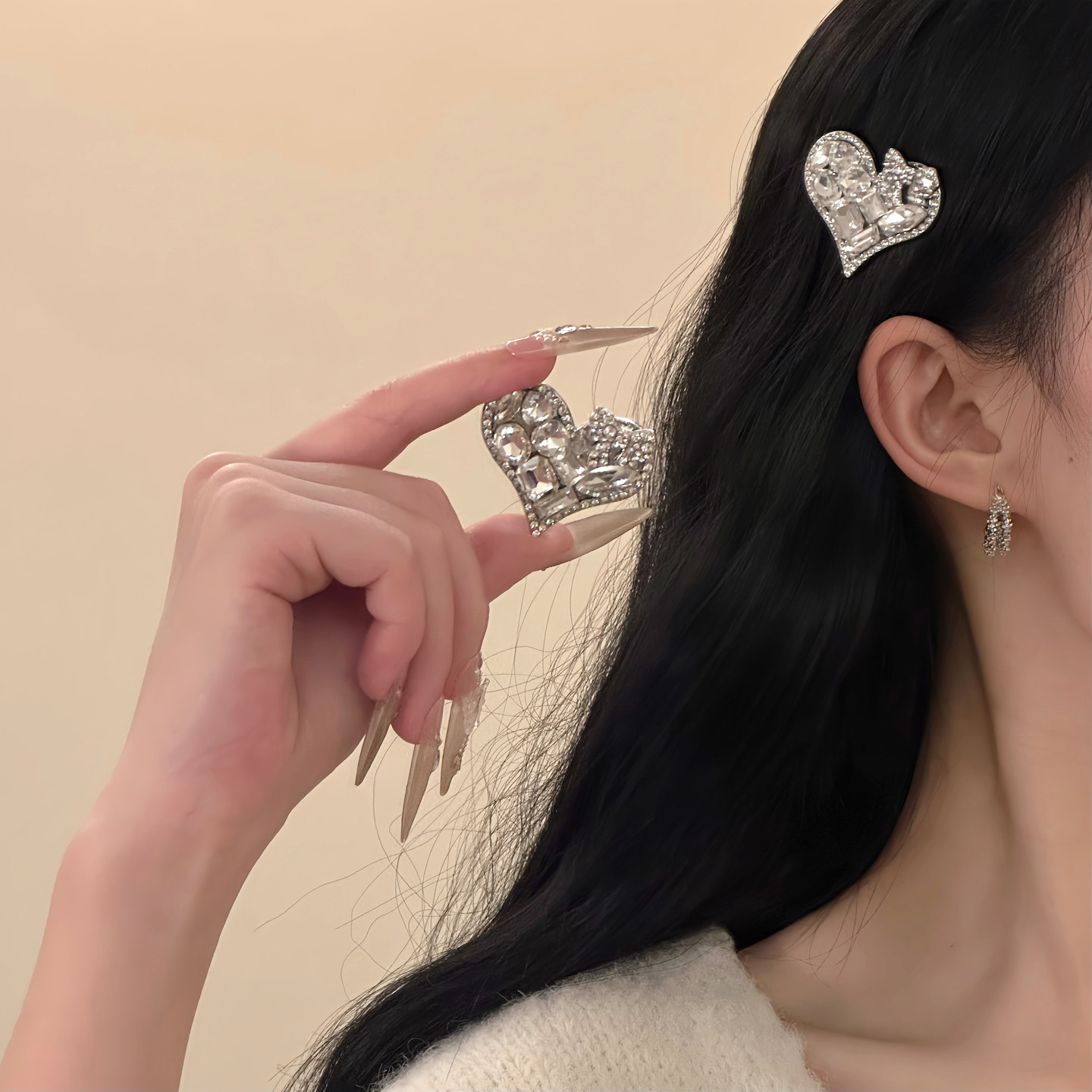 HEY TAO爆闪锆石爱心发夹女款甜美百搭气质侧边夹发饰高级感发卡