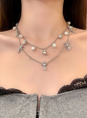 HEY TAO双层闪锆土星珍珠叠戴项链轻奢小众个性choker锁骨链颈链