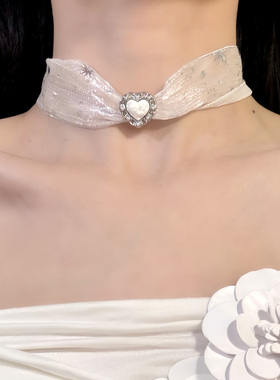 HEY TAO复古白色爱心薄纱choker项链小众设计气质颈链脖子配饰女