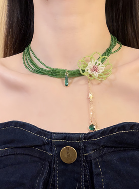 HEY TAO春夏季绿色串珠花朵项链复古森系锁骨链多层叠戴颈链配饰