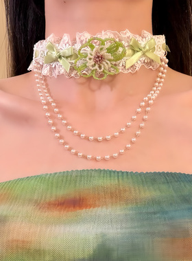 HEY TAO甜美绿色串珠花朵蕾丝choker蝴蝶结项链女设计感颈链配饰