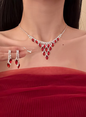 HEY TAO复古红色锆石项链女轻奢晚宴会礼服锁骨链新娘配饰脖颈链