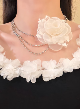 HEY TAO时尚多层闪钻花朵choker项链女小众轻奢宴会礼服颈链配饰