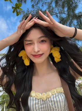 HEY TAO春夏黄色花瓣流苏花朵耳钉女独特夸张耳环海边度假风耳饰