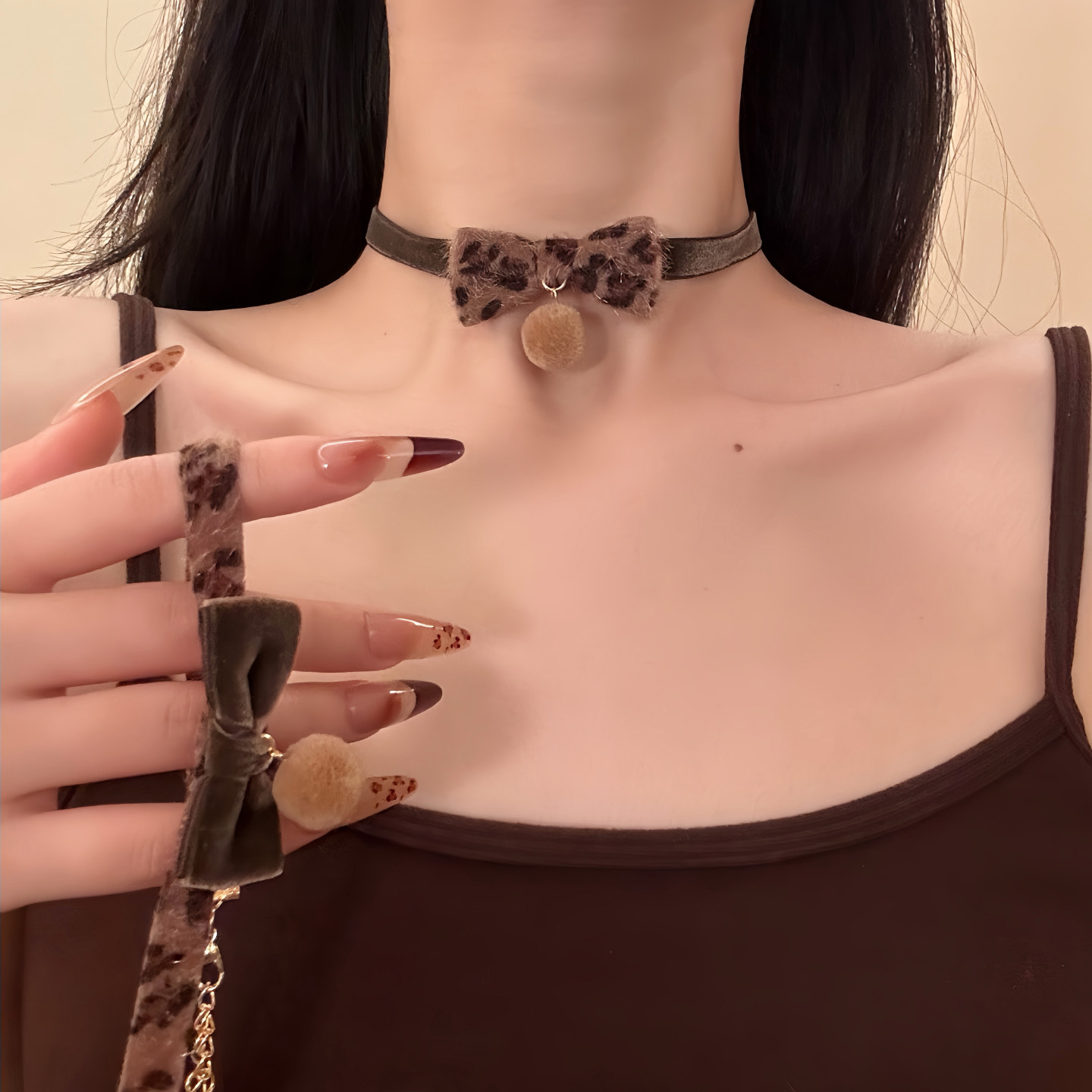 HEY TAO秋冬复古豹纹丝绒蝴蝶结choker项链女甜酷辣妹颈链毛衣链