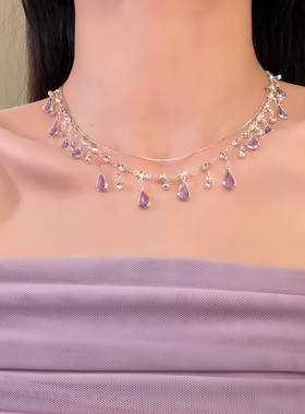 HEY TAO夏季紫色水晶流苏项链复古少女高颜值时尚锁骨链颈链配饰