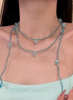 HEY TAO夏日蓝色多层串珠花朵项链长款叠戴颈链海边度假风锁骨链