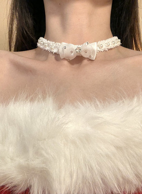 HEY TAO闪锆珍珠蝴蝶结毛绒choker冬季甜美气质项链圣诞配饰颈链