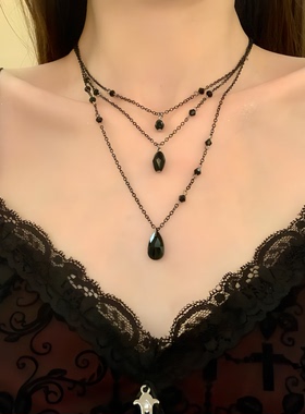 HEY TAO复古暗黑系水滴吊坠项链女哥特风辣妹颈链多层叠戴锁骨链