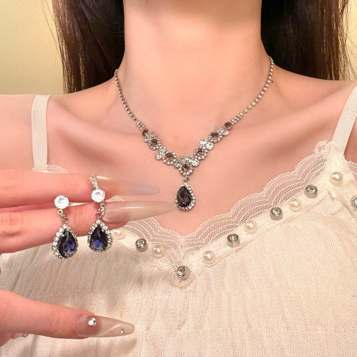 HEY TAO法式精致紫水晶吊坠项链女轻奢宴会颈链配饰高级感锁骨链