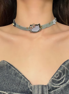 HEY TAO甜酷kt猫牛仔皮革choker颈链时尚y2k辣妹项链女锁骨链配饰