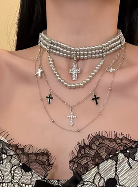 HEY TAO复古多层十字架叠戴choker灰色珍珠项链甜酷个性辣妹颈链
