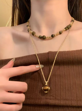 HEY TAO复古氛围感虎眼石叠戴项链女款颈链轻奢气质高级感毛衣链