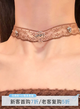 HEY TAO复古咖色Kitty十字架蕾丝choker项链女高级感纯欲气质颈链