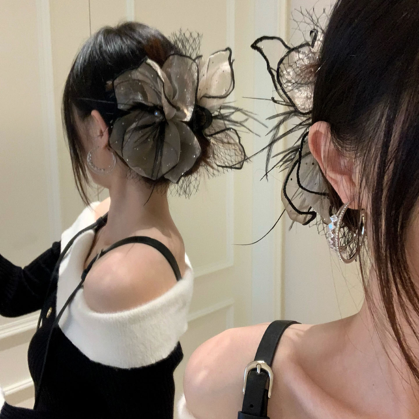 HEY TAO超仙网纱花朵盘发鲨鱼夹发饰女时尚气质抓夹高端发卡头饰