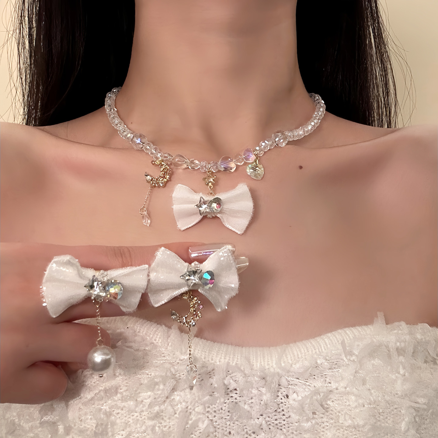 HEY TAO甜美白色水晶串珠蝴蝶结choker项链女百搭气质颈链锁骨链