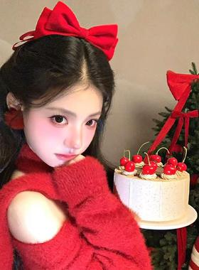 HEY TAO圣诞节红色蝴蝶结发夹女装饰发饰氛围感新年头饰发卡顶夹