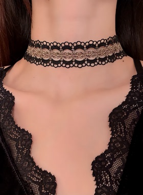 HEY TAO复古黑金花边蕾丝choker项链女小众纯欲辣妹项圈颈带配饰