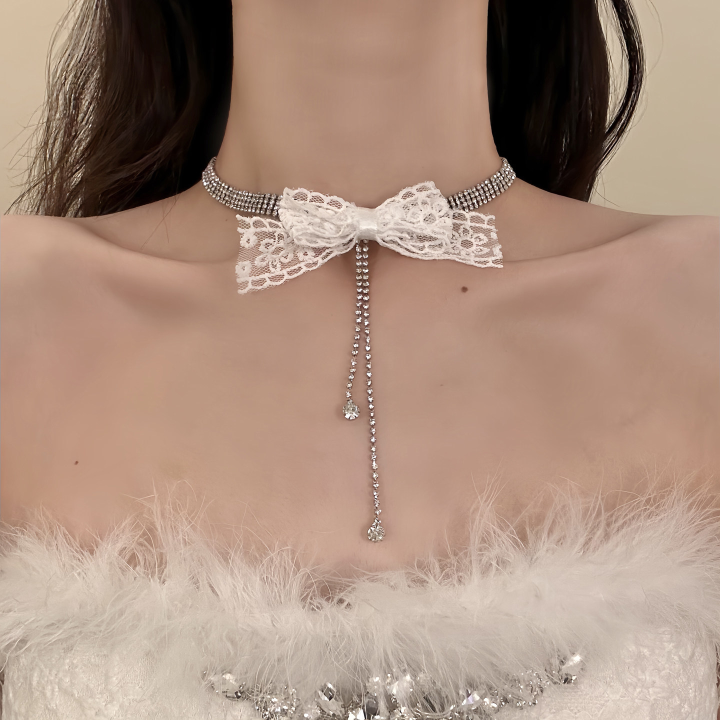 HEY TAO闪钻蕾丝蝴蝶结choker颈链秋冬高级感纯欲气质项链配饰女