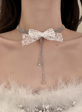 HEY TAO闪钻蕾丝蝴蝶结choker颈链秋冬高级感纯欲气质项链配饰女
